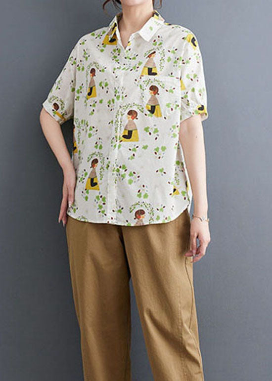 White Peter Pan Collar Print Patchwork Cotton Shirt Summer