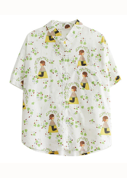 White Peter Pan Collar Print Patchwork Cotton Shirt Summer