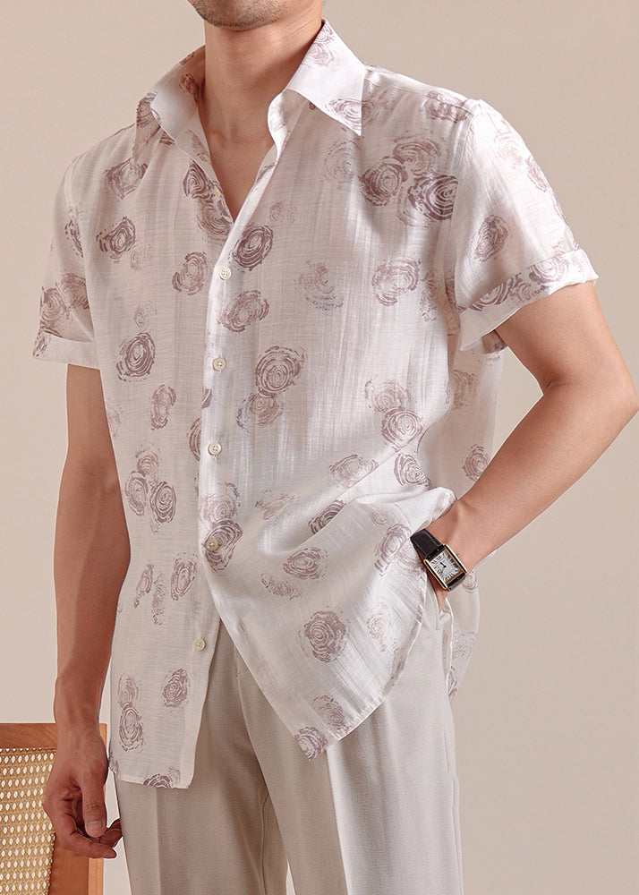 White Peter Pan Collar Print Silk Cotton Shirts Summer