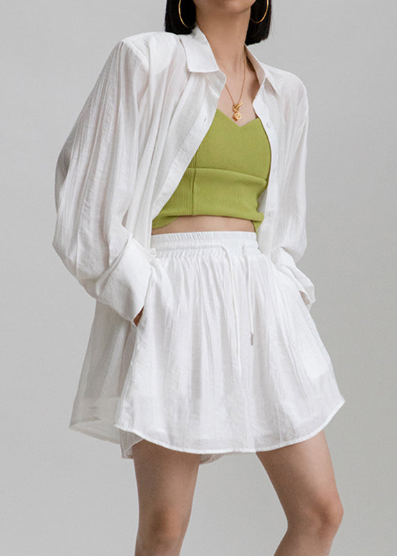 White Peter Pan Collar Shirts and Shorts Two Pieces Set Long Sleeve