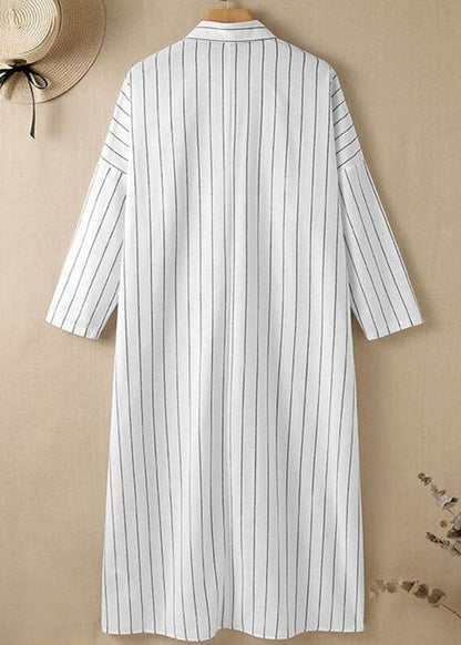 White Peter Pan Collar Striped Maxi Shirts Dresses Long Sleeve