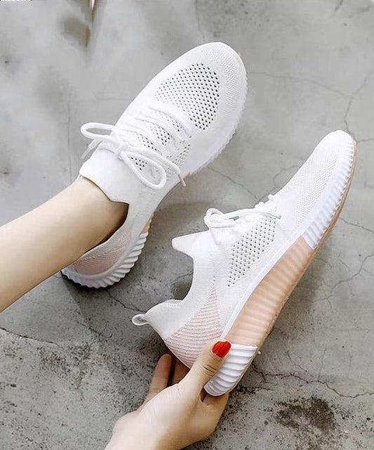 White Pink Knit Fabric Lace Up Flats Shoes