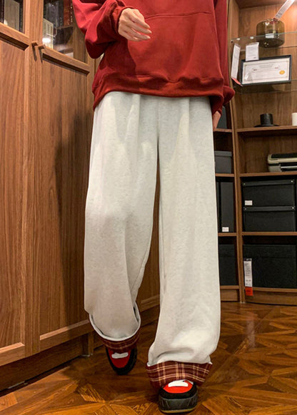 White Plaid Patchwork Warm Fleece Pants Spring