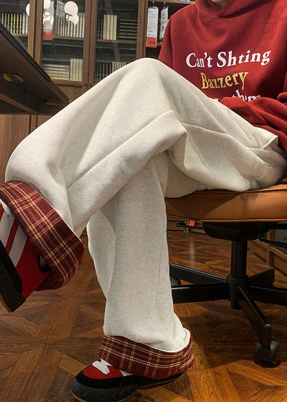 White Plaid Patchwork Warm Fleece Pants Spring