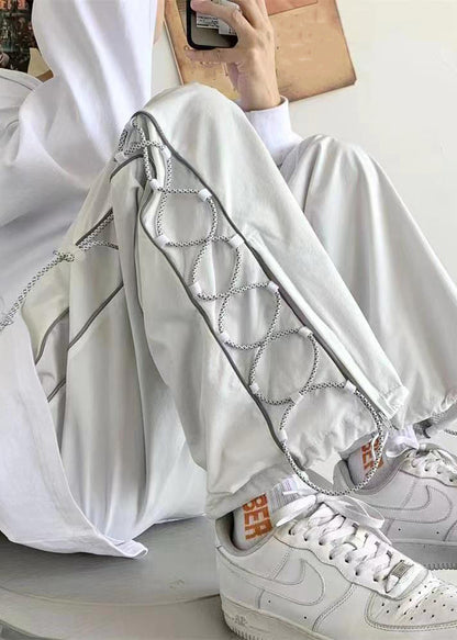 White Pockets Drawstring Cotton Pants Fall