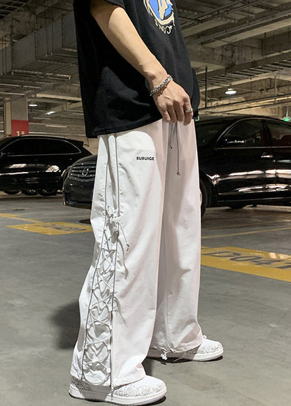 White Pockets Drawstring Cotton Pants Fall