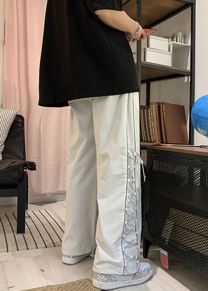White Pockets Drawstring Cotton Pants Fall