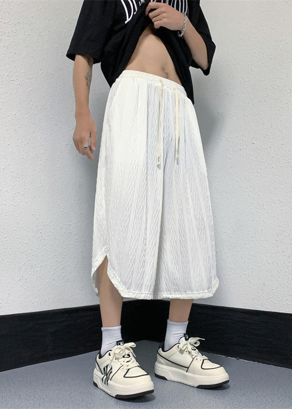 White Pockets Elastic Waist Ice Silk Crop Pants