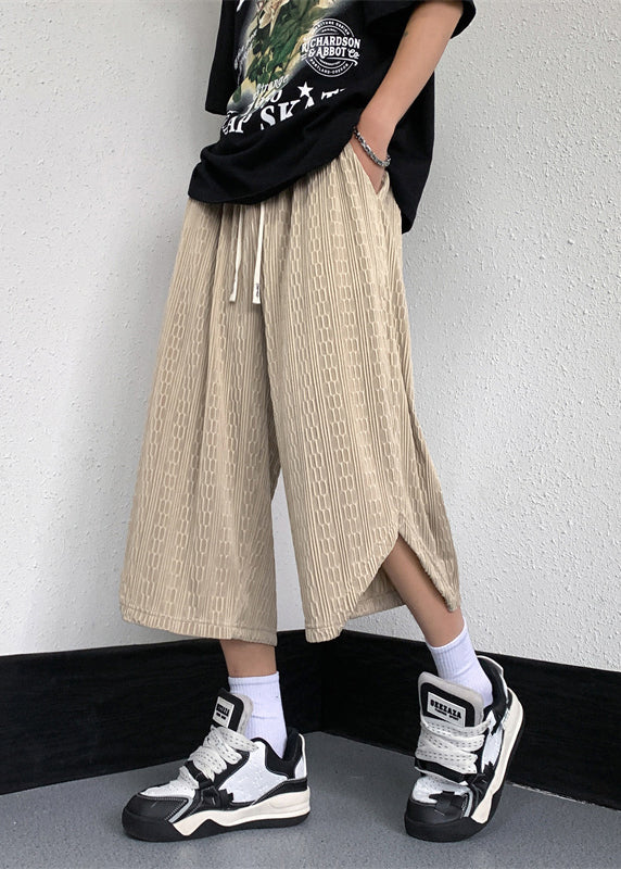 White Pockets Elastic Waist Ice Silk Crop Pants
