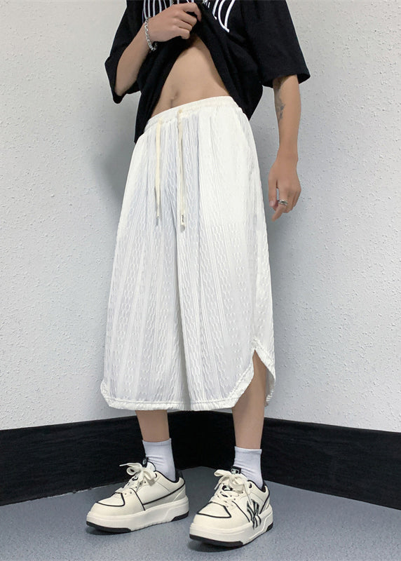 White Pockets Elastic Waist Ice Silk Crop Pants