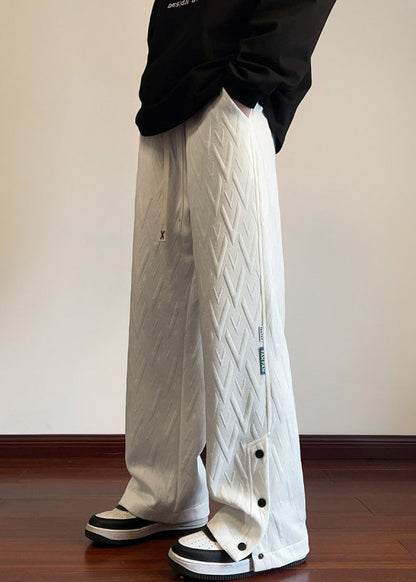 White Pockets Jacquard Side Open Cotton Pants Fall