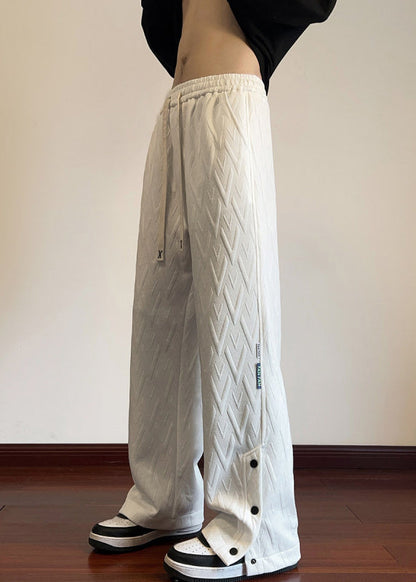 White Pockets Jacquard Side Open Cotton Pants Fall