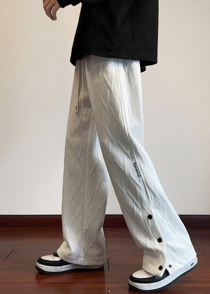 White Pockets Jacquard Side Open Cotton Pants Fall