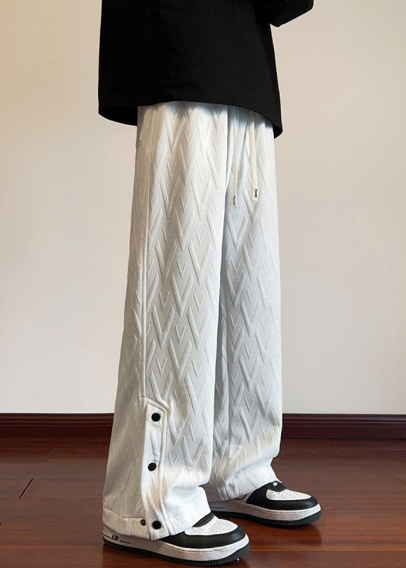 White Pockets Jacquard Side Open Cotton Pants Fall