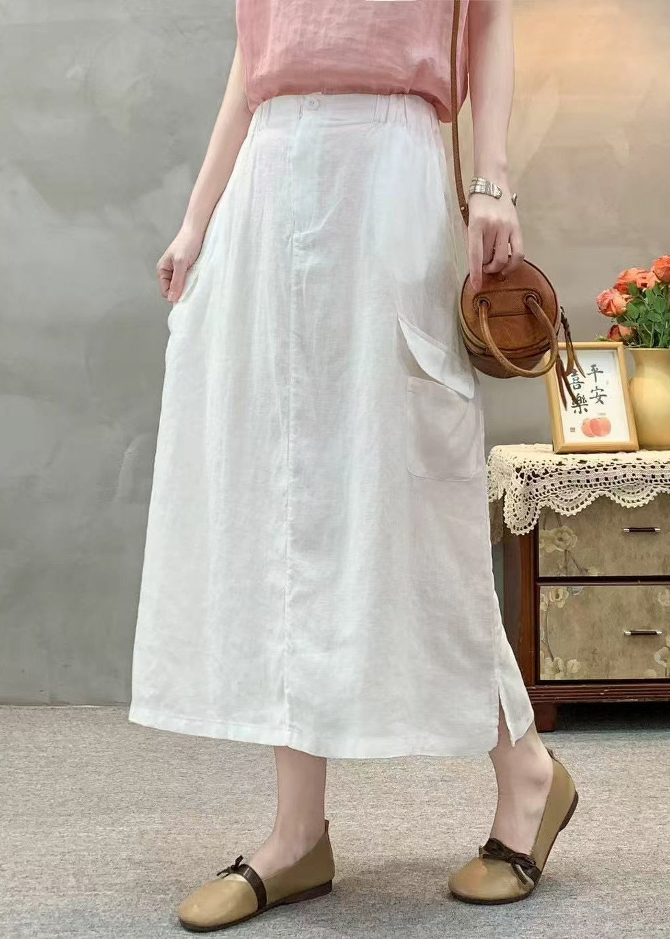 White Pockets Side Open Elastic Waist Cotton Skirts Summer