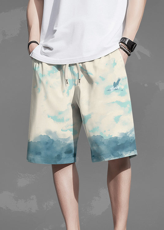 White Print Pockets Elastic Waist Cotton Beach Shorts Summer