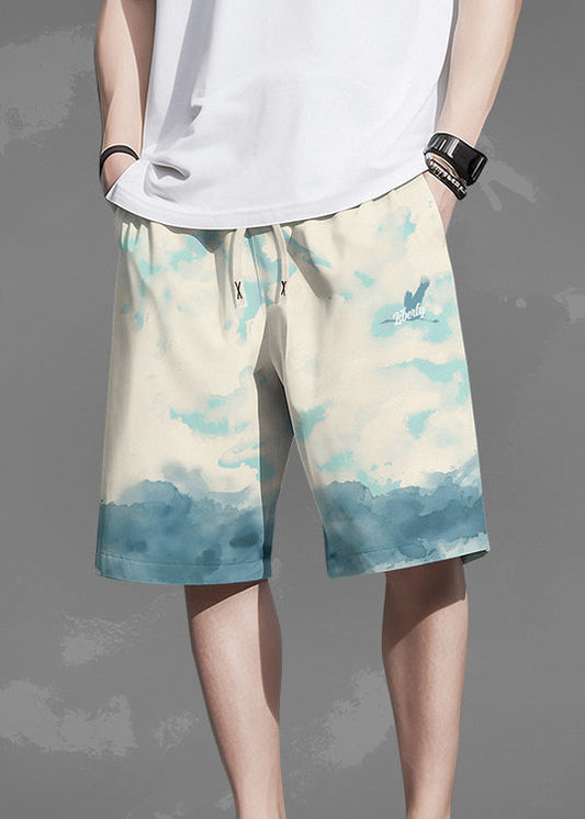 White Print Pockets Elastic Waist Cotton Beach Shorts Summer