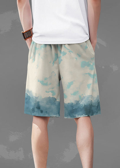 White Print Pockets Elastic Waist Cotton Beach Shorts Summer