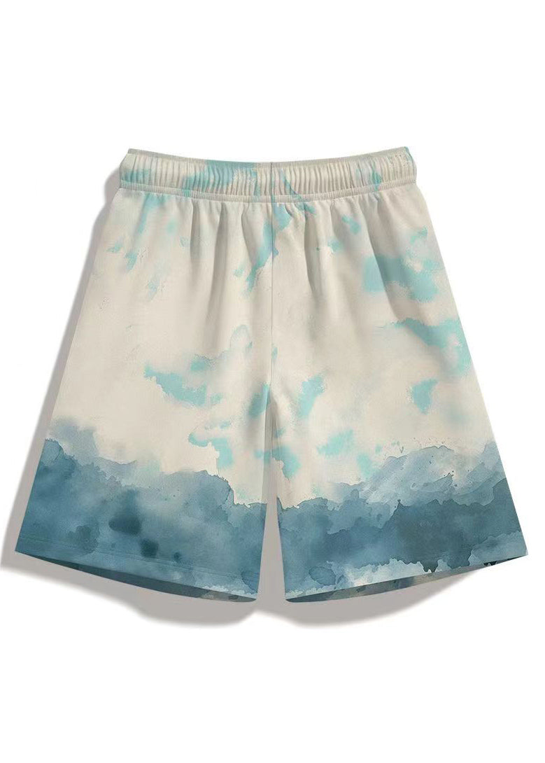 White Print Pockets Elastic Waist Cotton Beach Shorts Summer