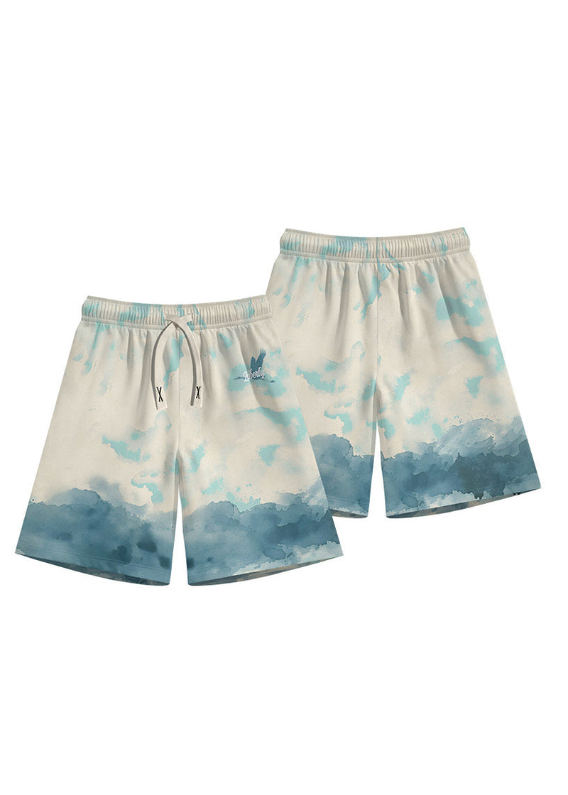 White Print Pockets Elastic Waist Cotton Beach Shorts Summer