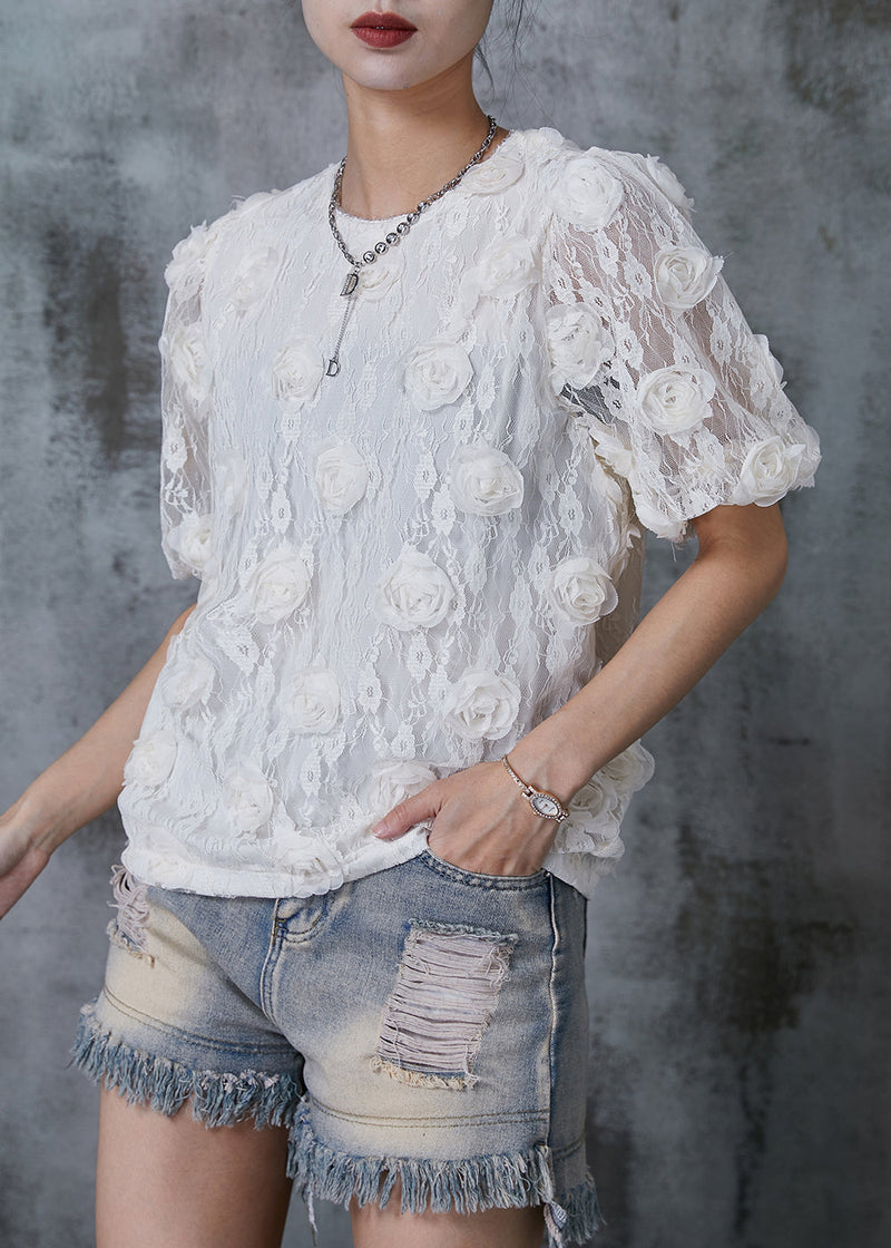 White Puff Sleeve Lace Shirts Summer