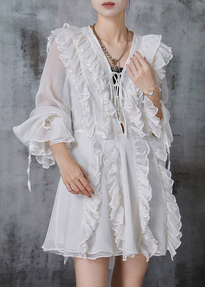 White Ruffled Chiffon Tea Dress Summer
