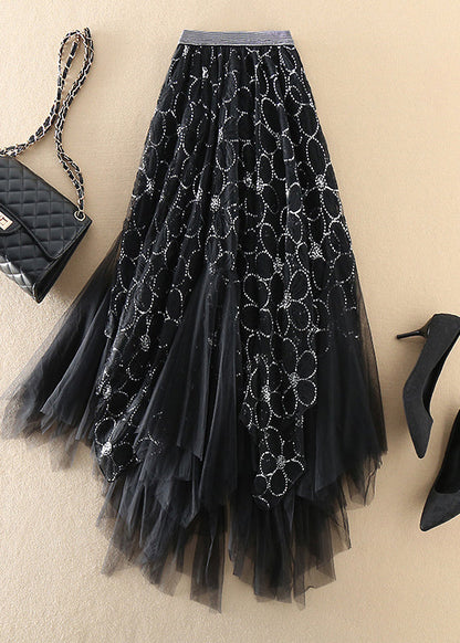 White Sequins Asymmetrical Design Tulle Skirts Spring