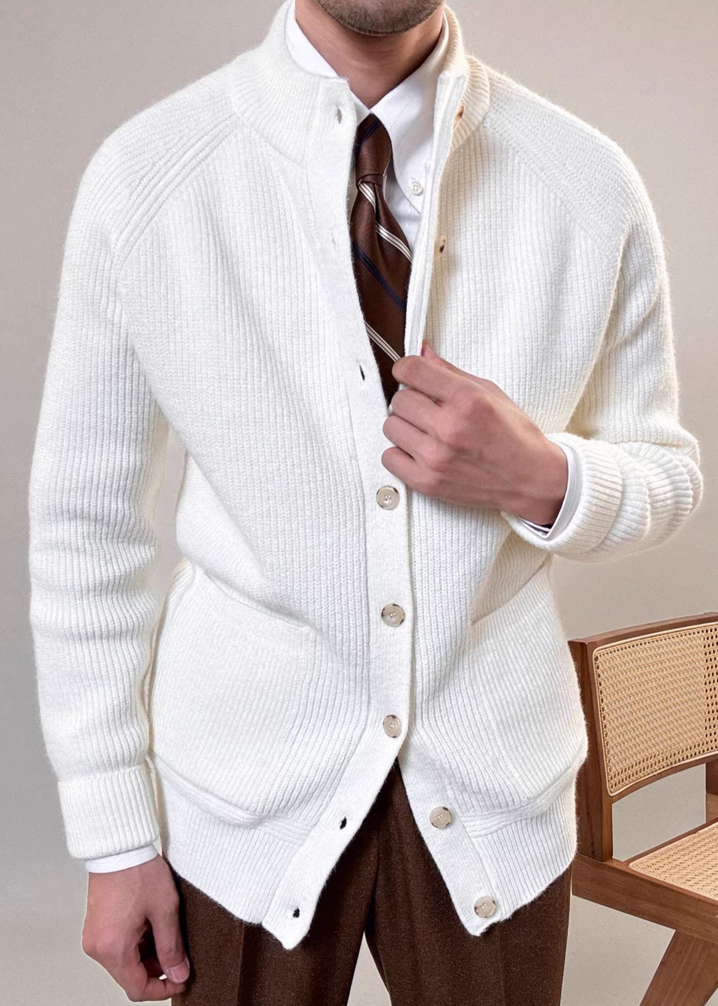 White Stand Collar Button Cotton Knit Coat Spring