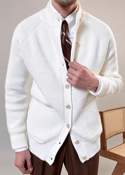White Stand Collar Button Cotton Knit Coat Spring