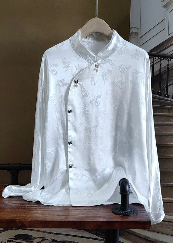White Stand Collar Patchwork Jacquard Silk Shirts Spring