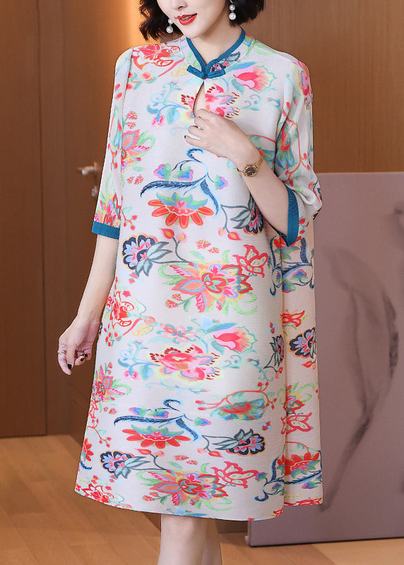 White Stand Collar Print Button Wrinkled Long Dresses Half Sleeve