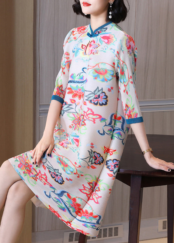White Stand Collar Print Button Wrinkled Long Dresses Half Sleeve
