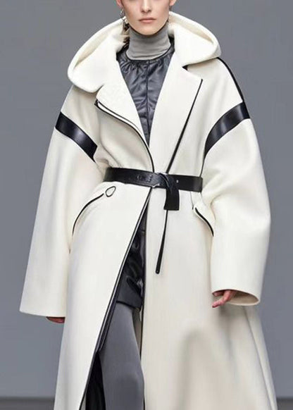 White Tie Waist Patchwork Woolen Hoodie Coat Fall