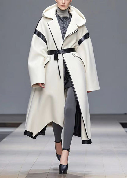 White Tie Waist Patchwork Woolen Hoodie Coat Fall