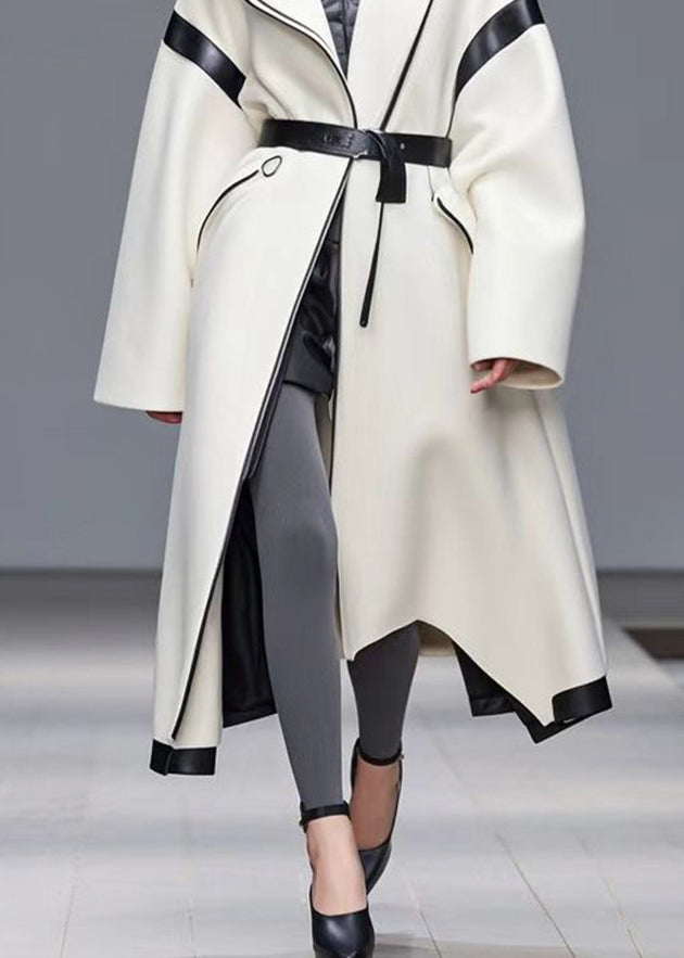 White Tie Waist Patchwork Woolen Hoodie Coat Fall