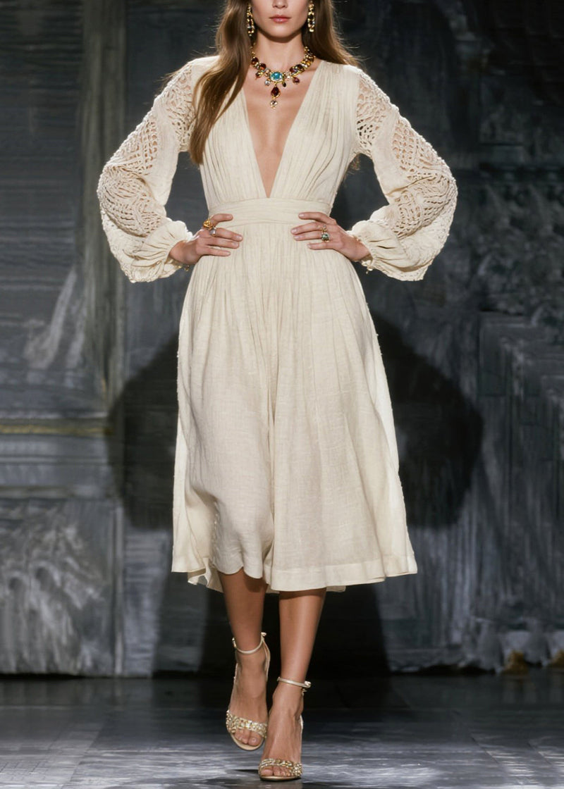 White V Neck Hollow Out Linen Maxi Dress Spring