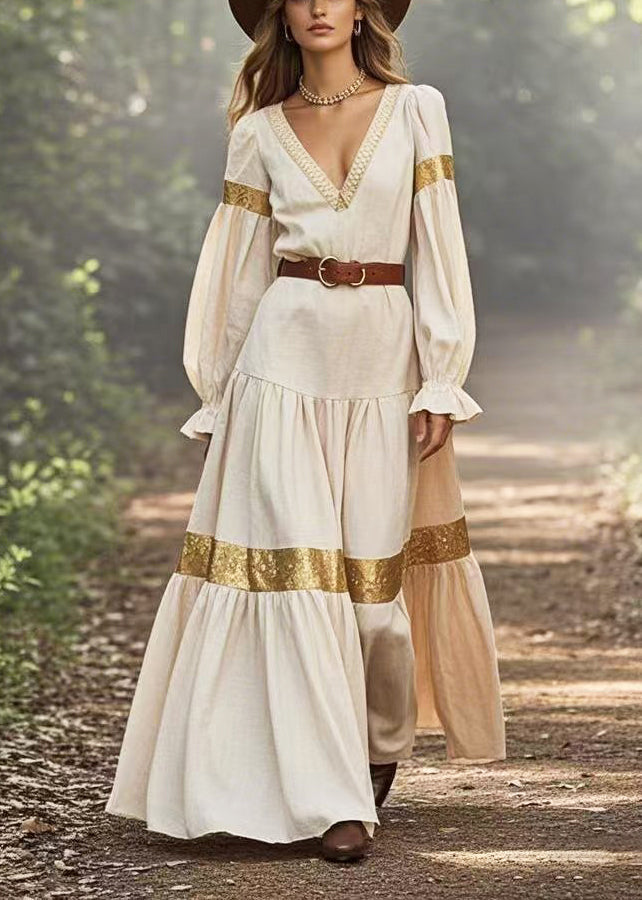 White V Neck Patchwork Exra Large Hem Vacation Dress Spring