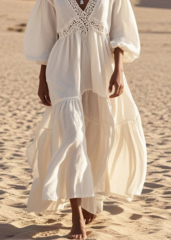 White V Neck Patchwork Hollow Out Cotton Dress Lantern Sleeve