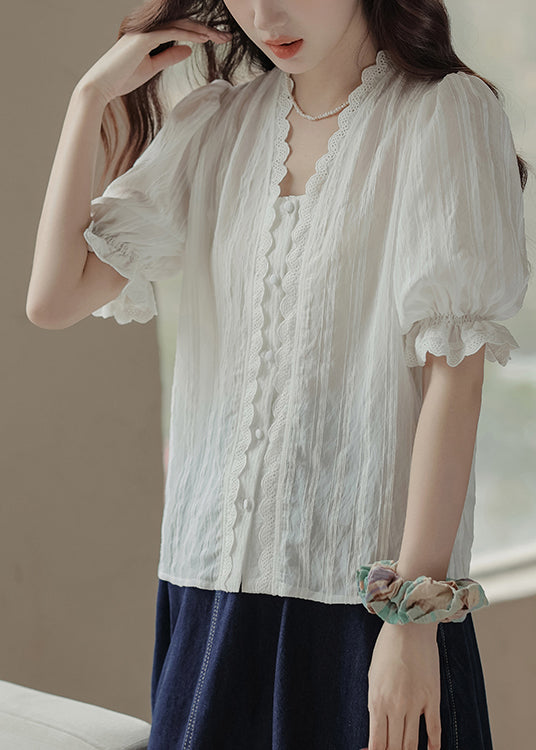 White V Neck Patchwork Lace Top Summer