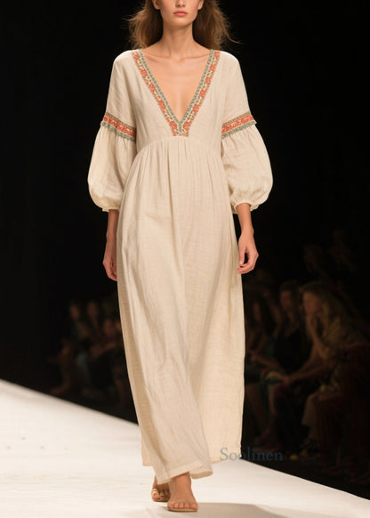 White V Neck Patchwork Linen Maxi Dresses Bracelet Sleeve
