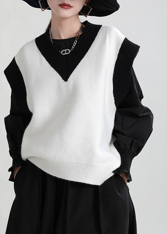 White V Neck Patchwork Thick Knit Vest Tops Winter