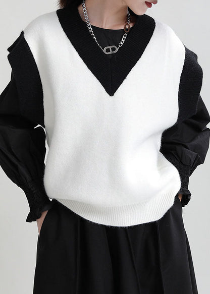 White V Neck Patchwork Thick Knit Vest Tops Winter
