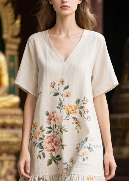 White V Neck Print Linen Dresses Summer