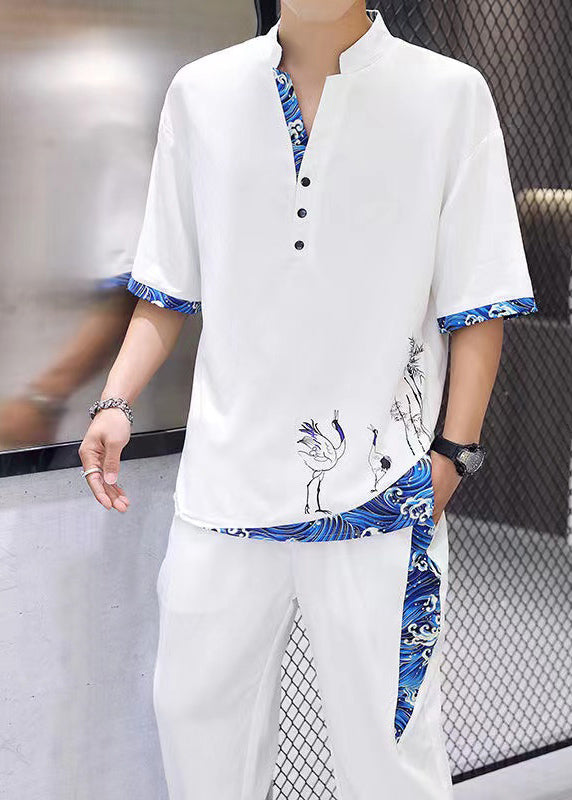 White V Neck Print Patchwork Ice Silk T Shirt and Beam Pants Two Piece Set Summer