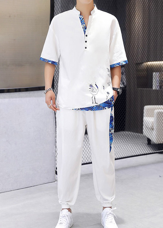 White V Neck Print Patchwork Ice Silk T Shirt and Beam Pants Two Piece Set Summer