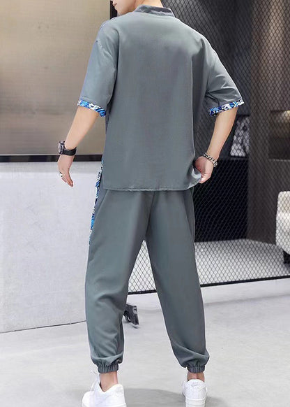 White V Neck Print Patchwork Ice Silk T Shirt and Beam Pants Two Piece Set Summer