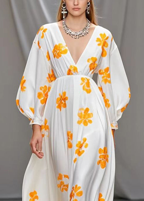 White V Neck Print Silk Vacation Dresses Spring