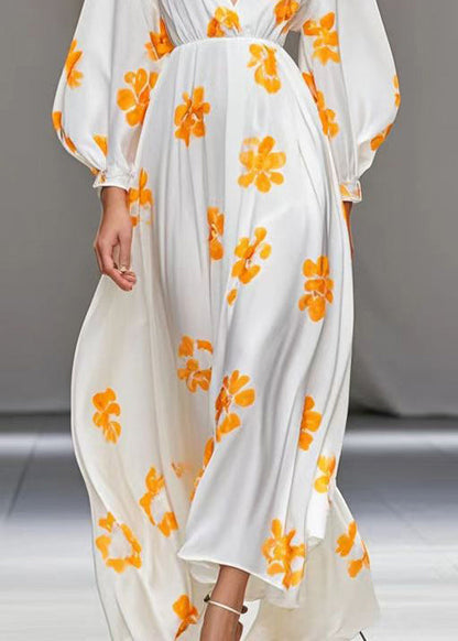 White V Neck Print Silk Vacation Dresses Spring