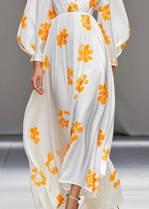 White V Neck Print Silk Vacation Dresses Spring