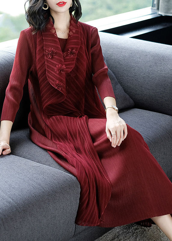 Wine Red O-neck Patchwork Fake Two Pieces Maxi Dress Long Sleeve